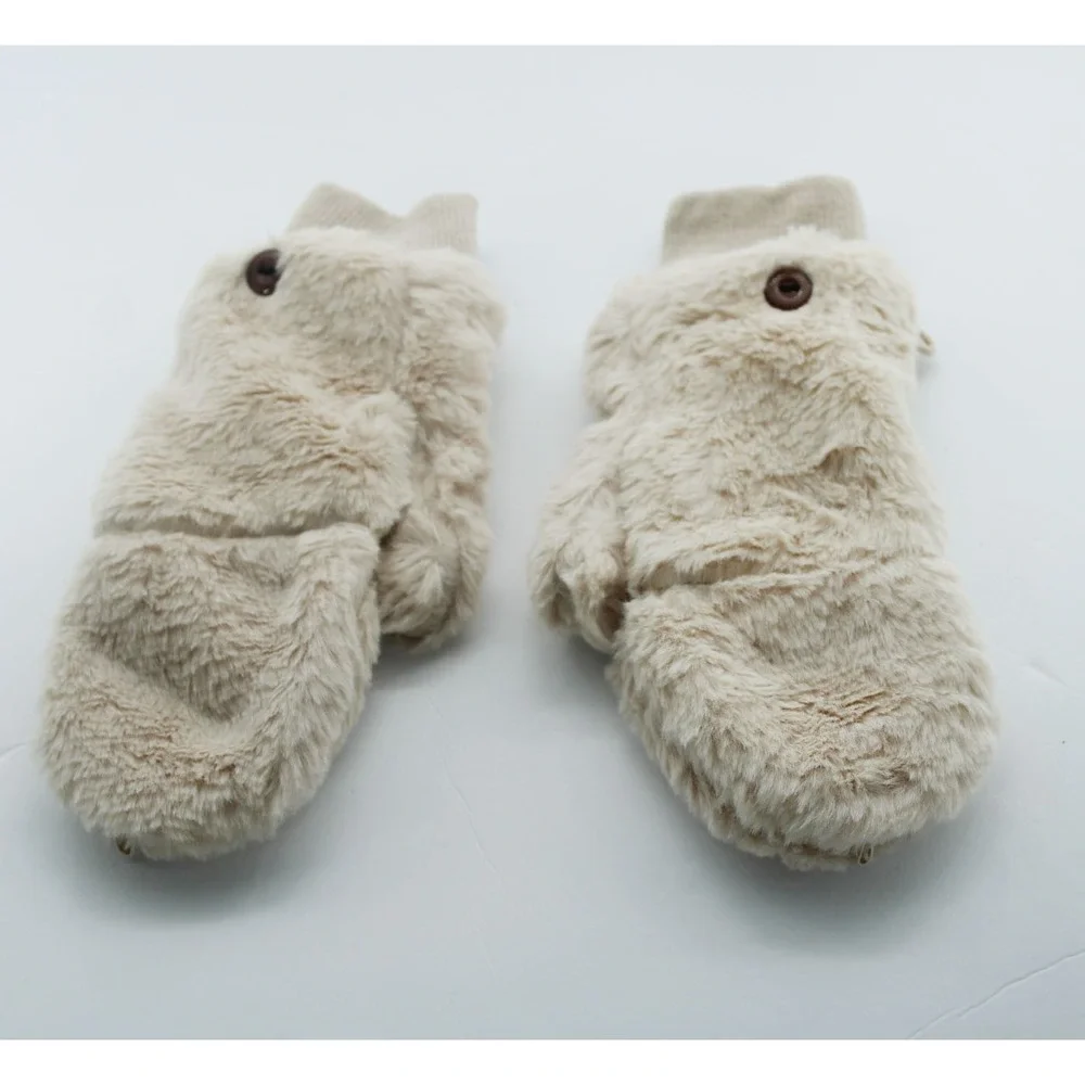 Beige Faux Fur Convertible Mittens Fingerless Gloves  Cozy
